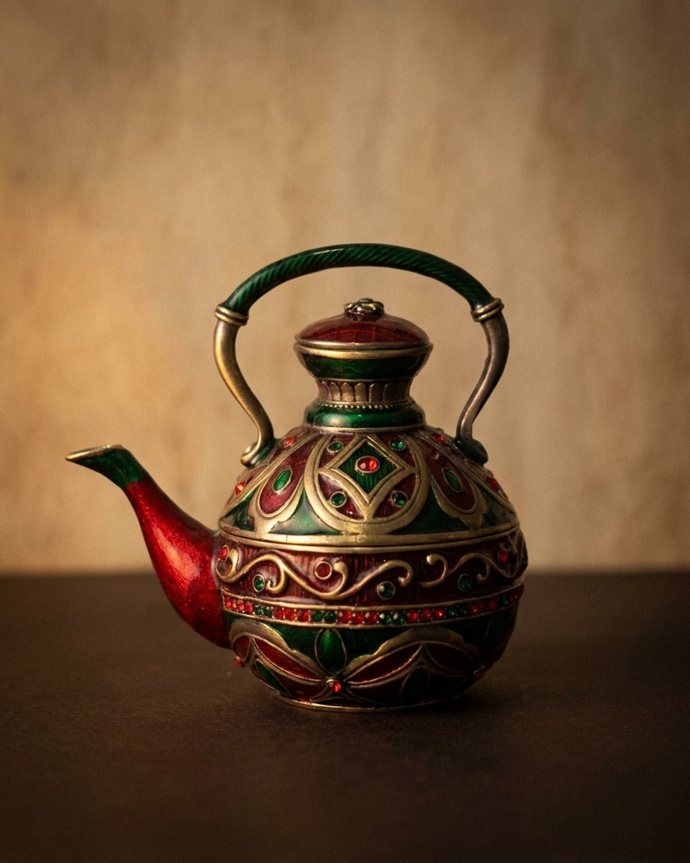 Red and green cloisonné teapot-shaped keepsake box